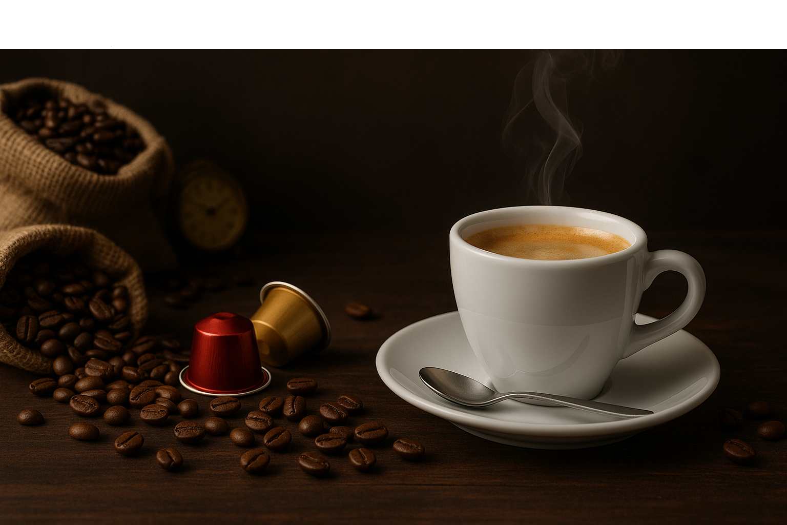 Tazzina con caffè fumante con chicchi di caffè e capsule a lato- Tempo di un Caffè